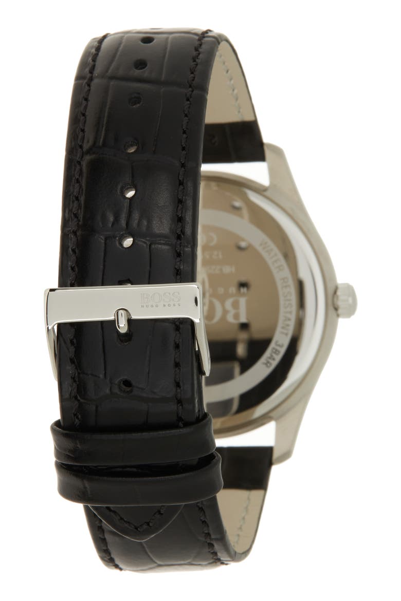 Ambassador Croc Embossed Leather Strap Watch, 43mm, Alternate, color, BLACK