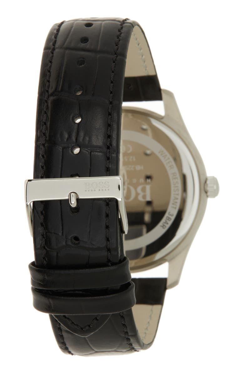 BOSS Ambassador Croc Embossed Leather Strap Watch, 43mm, Alternate, color, Black Dial
