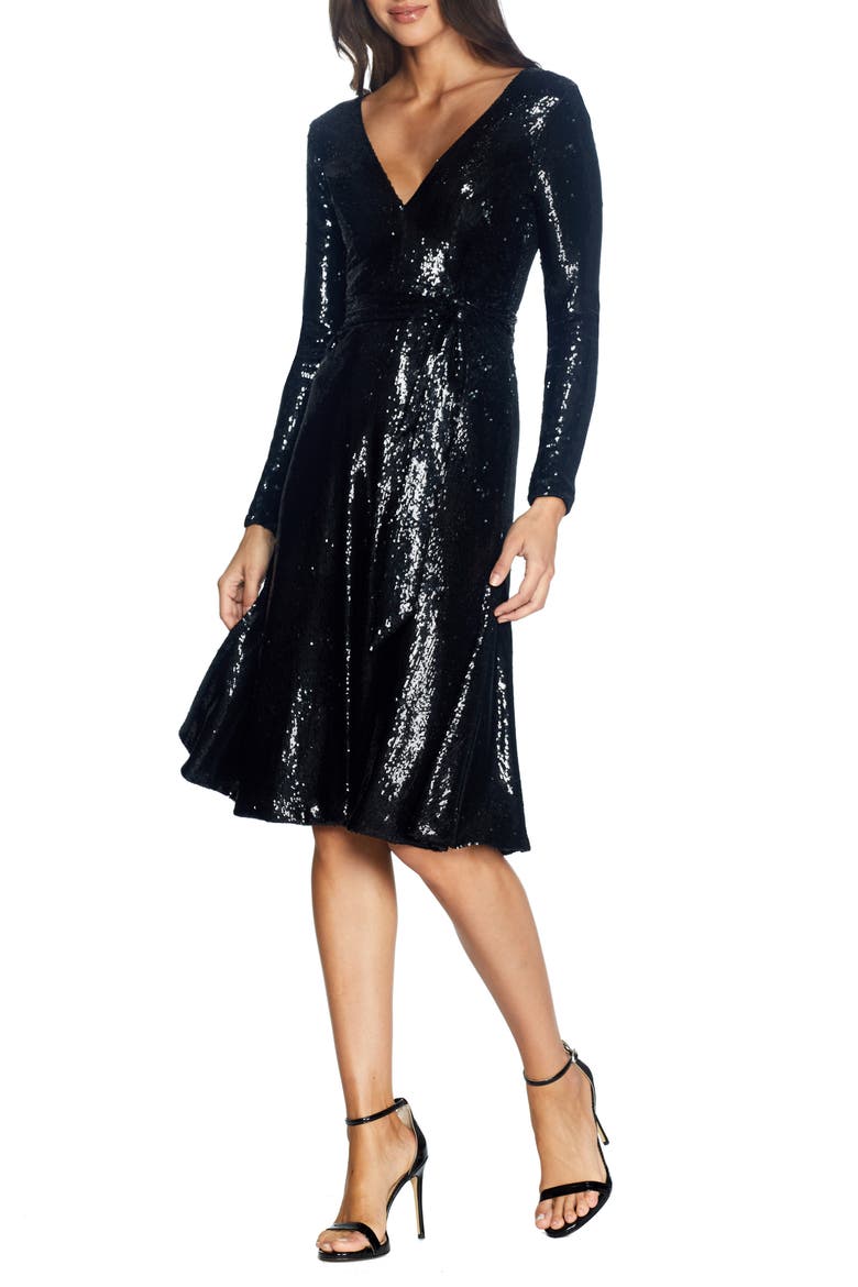 Daphne Long Sleeve Sequin Cocktail Dress, Main, color, EBONY