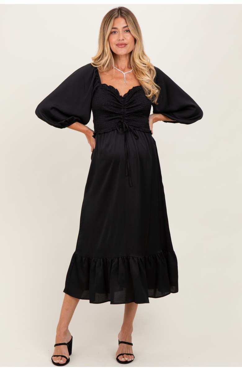 PinkBlush Satin Smocked Cinched Bust Midi Dress, Main, color, Black