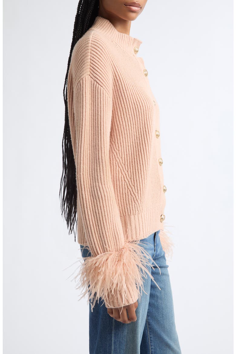 Laura Ostrich Feather Cuff Cardigan, Alternate, color, BLUSH