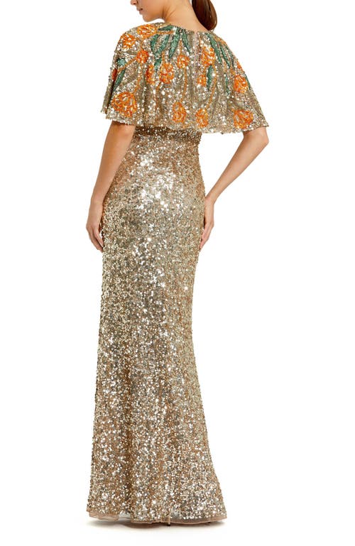 Mac Duggal Embellished Floral Beaded And Sequin Cape Gown In Gold Multi