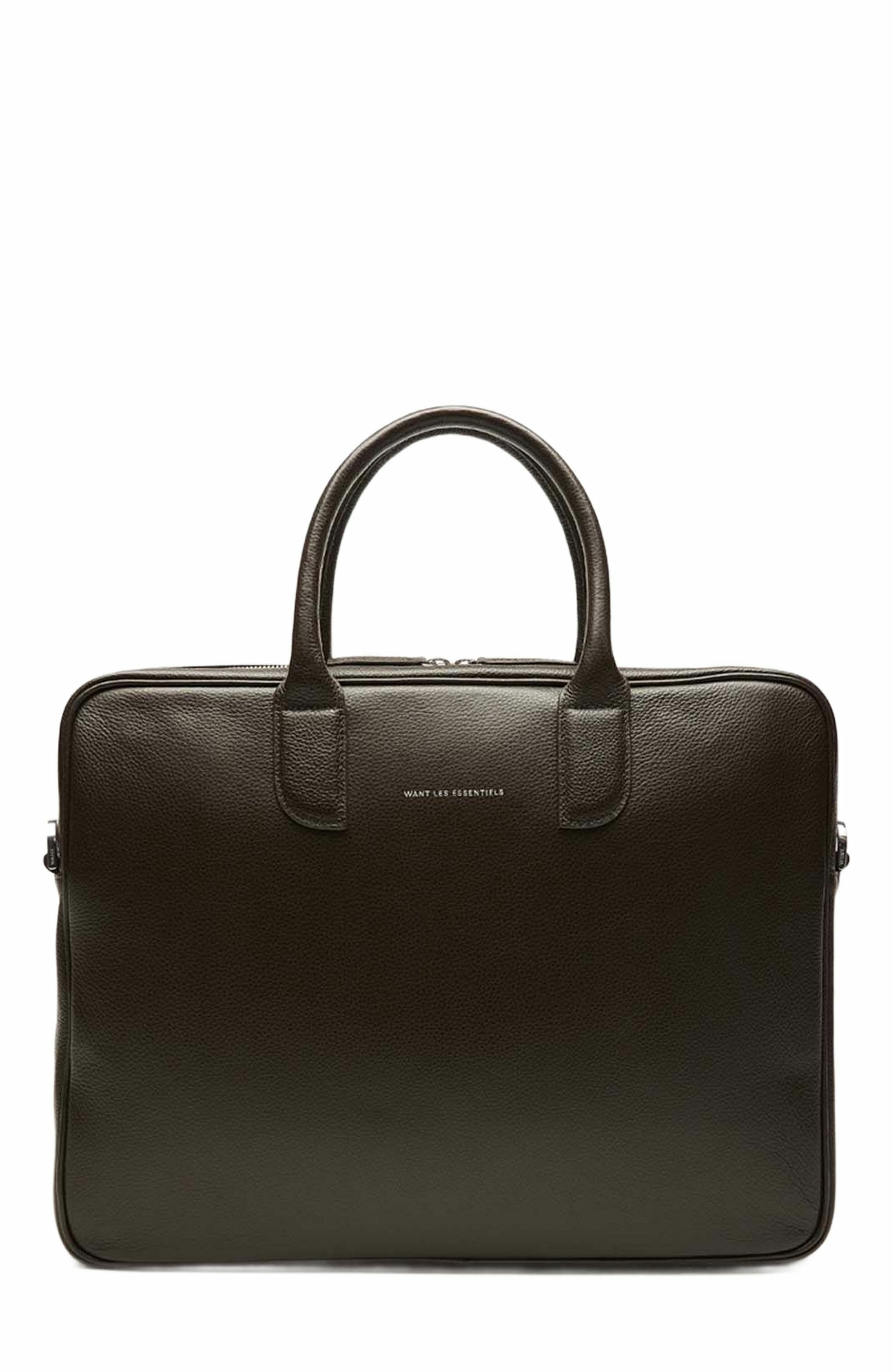 WANT Les Essentiels Lesage Pebble-Grained Leather Computer Bag, Main, color, Dark Brown