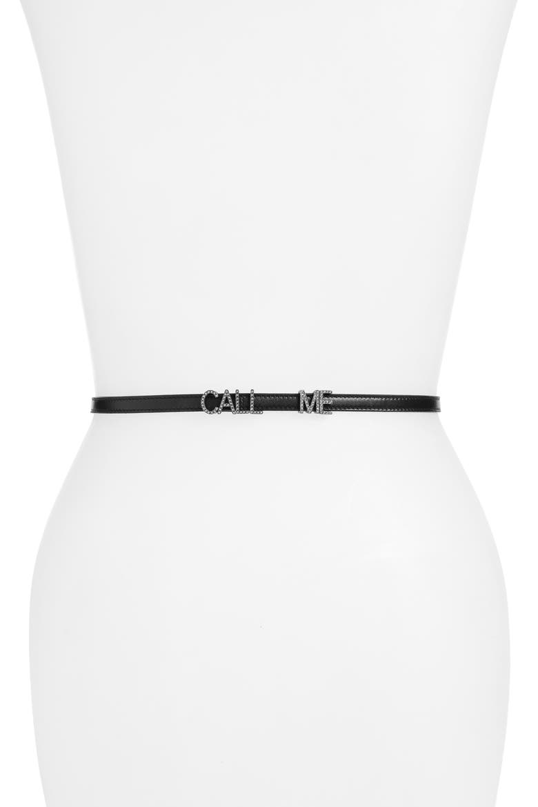 Call Me Crystal Embellished Skinny Leather Belt, Alternate, color, NOIR CRISTAL