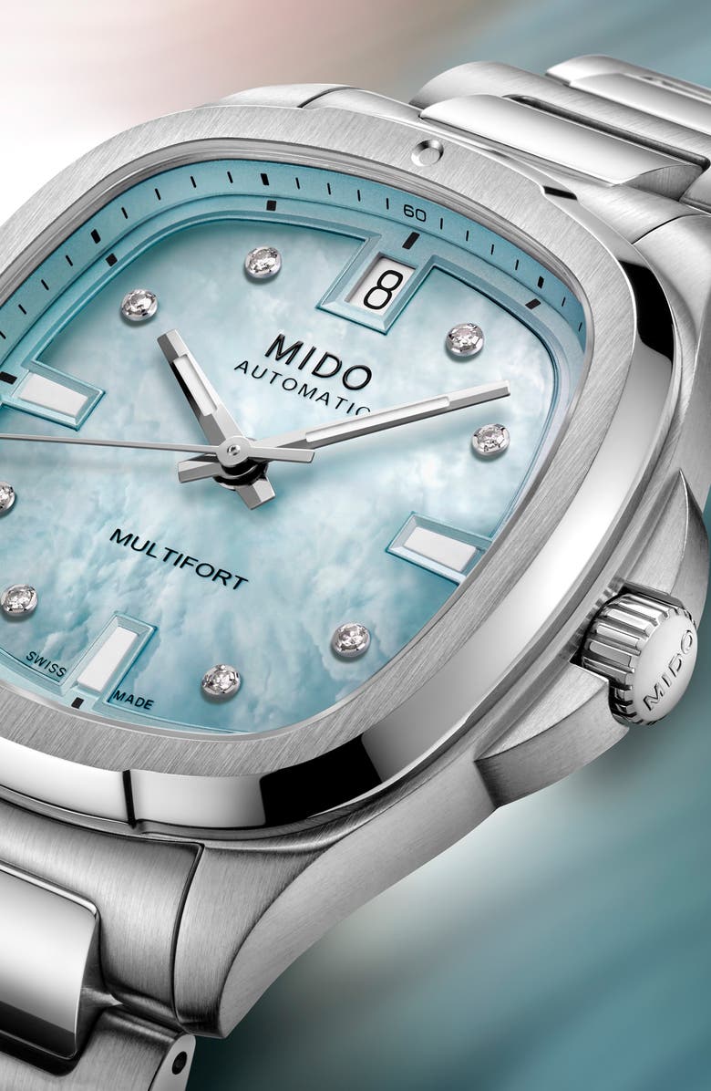 MIDO Multifort Diamond Square Automatic Bracelet Watch, 35mm, Alternate, color, Blue Mother Of Pearl