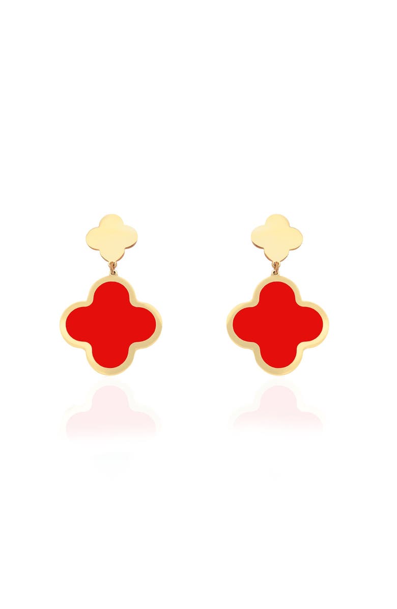 The Lovery Fine Jewelry Coral and Gold Clover Drop Earrings, Alternate, color, Coral