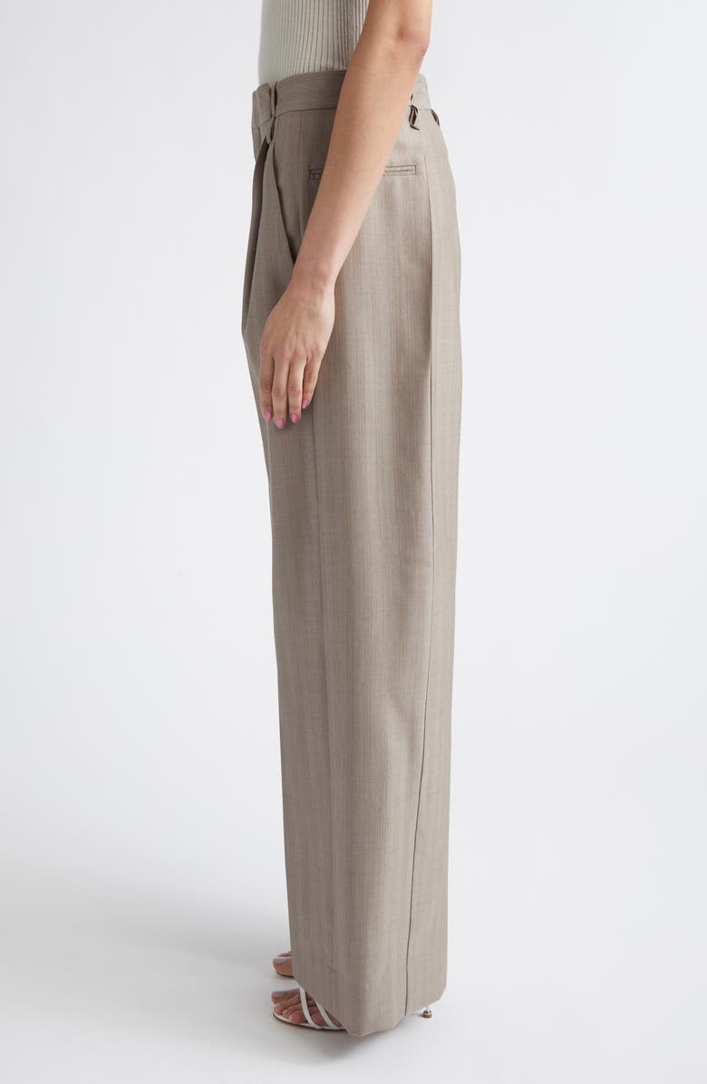 Victoria Beckham Pleated Virgin Wool Herringbone Straight Leg Pants, Alternate, color, Limestone