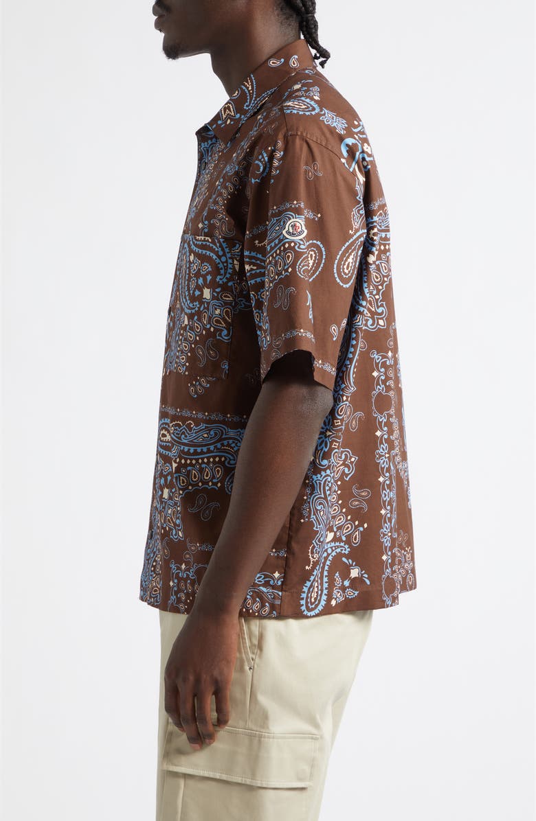 Moncler Bandana Print Short Sleeve Cotton Button-Up Shirt, Alternate, color, Parsley Brown/ Blue