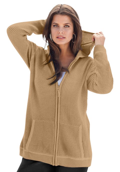 Plus Size Waffle Knit Zip-Front Relaxed Hoodie (Plus)