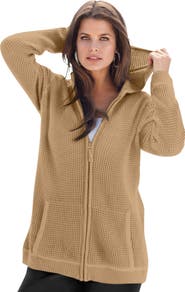 Roaman's Plus Size Waffle Knit Zip-Front Relaxed Hoodie