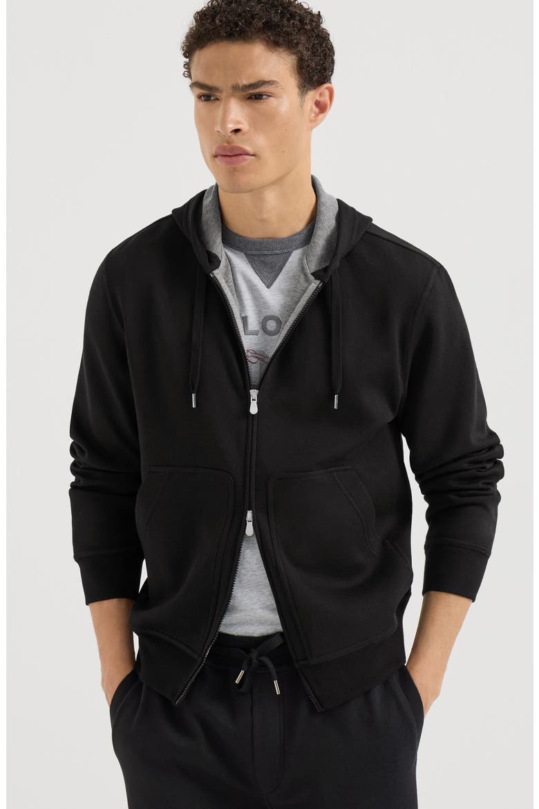 Cotton, cashmere and silk French terry double cloth hooded sweatshirt with zipper, Alternate, color, Black