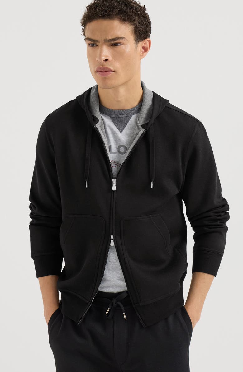 Brunello Cucinelli Cotton, cashmere and silk French terry double cloth hooded sweatshirt with zipper, Alternate, color, Black