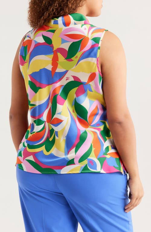 Tahari Asl Sailor Leaf Print Tie Neck Sleeveless Top In Clover Swirl