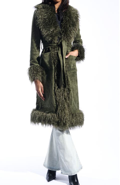 Belted Faux Suede Coat with Faux Fur Trim