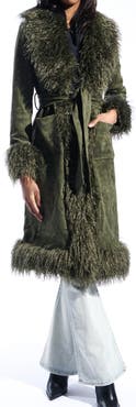 AZALEA WANG Belted Faux Suede Coat with Faux Fur Trim