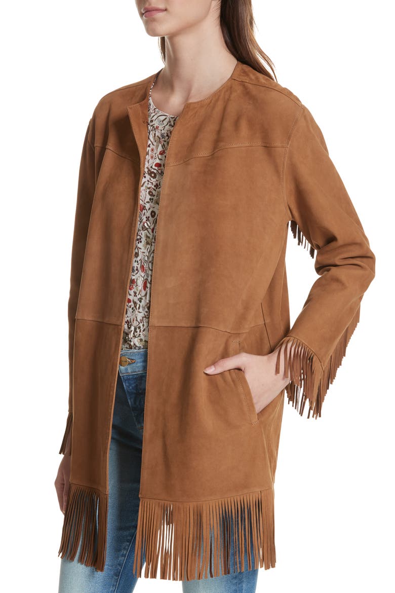 Fringe Trim Suede Jacket, Alternate, color, WARM TAN