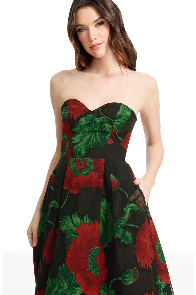 Maisy Strapless Fit & Flare Cocktail Midi Dress, Alternate, color, BLACK MULTI
