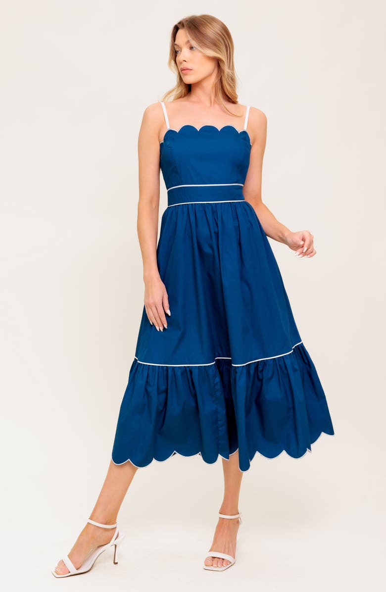 FLYING TOMATO Two-Tone Scalloped Fit & Flare Midi Sundress, Alternate, color, 