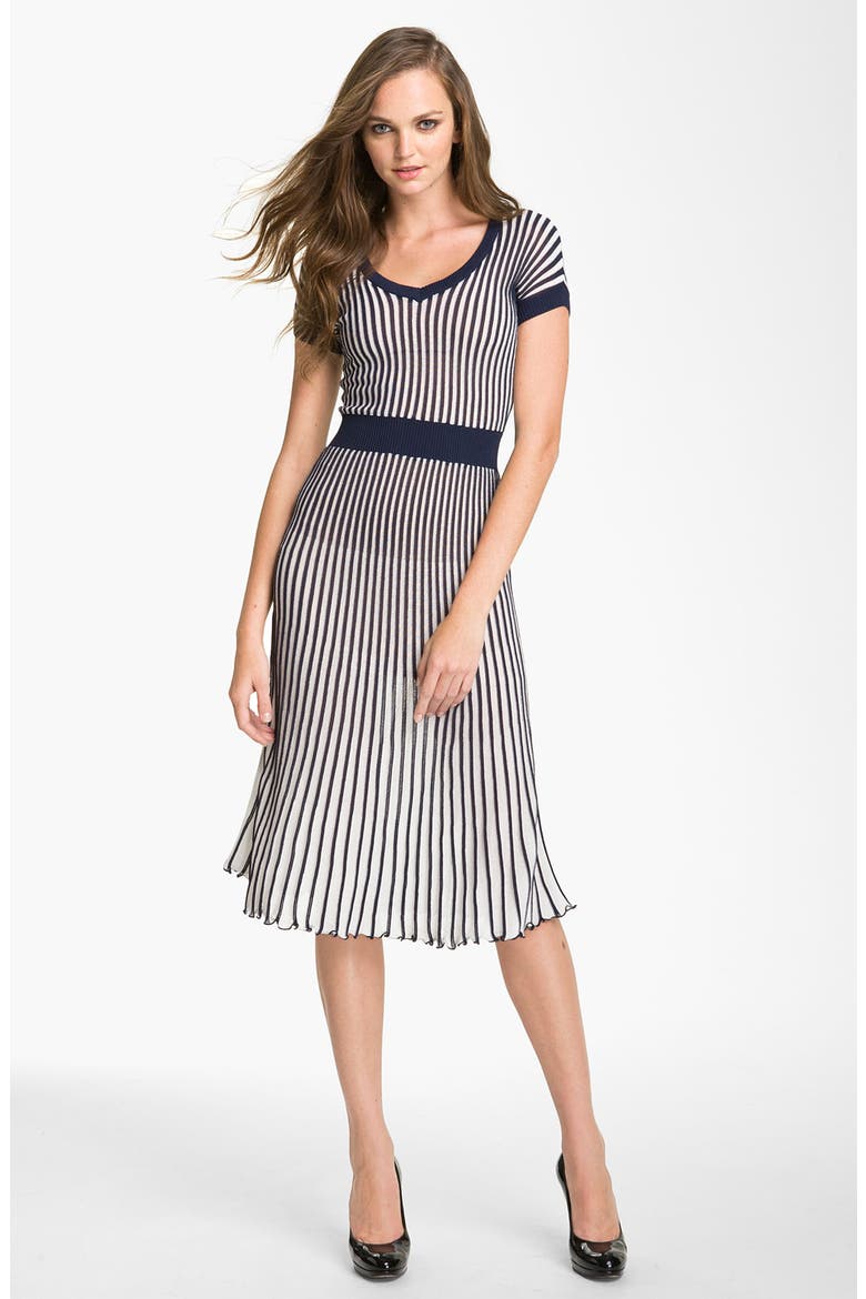 Pleated V-Neck Sweater Dress, Main, color, GARDENIA-DARK INK COMBO