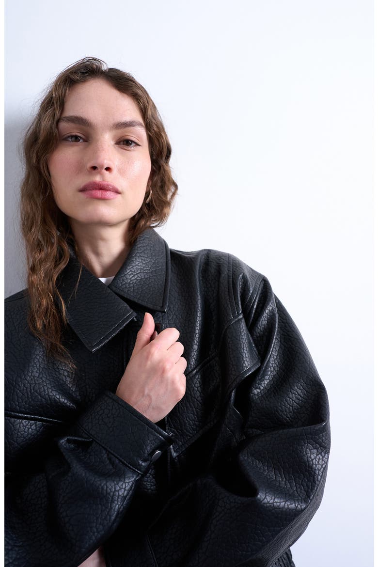 Boxy Faux Leather Bomber Jacket, Alternate, color, BLACK