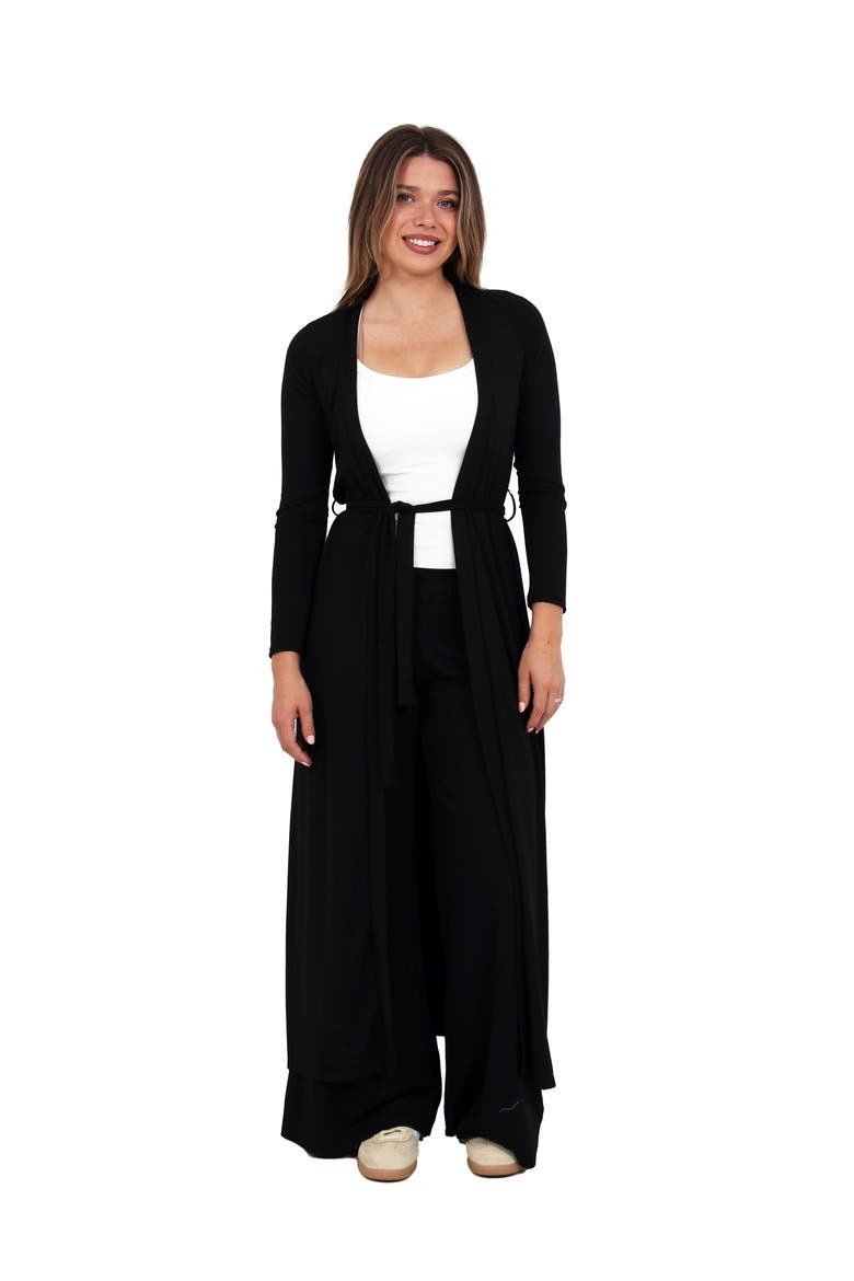 Womens Basic Long Sleeve Tie Waist Soft Jacket and Elastic Waist Wide Leg Pant Set, Main, color, Black