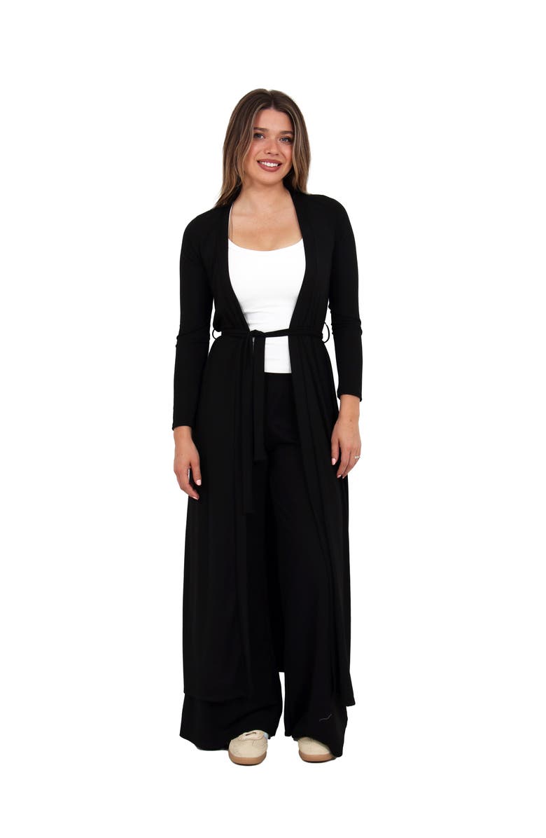 24seven Comfort Apparel Womens Basic Long Sleeve Tie Waist Soft Jacket and Elastic Waist Wide Leg Pant Set, Main, color, Black