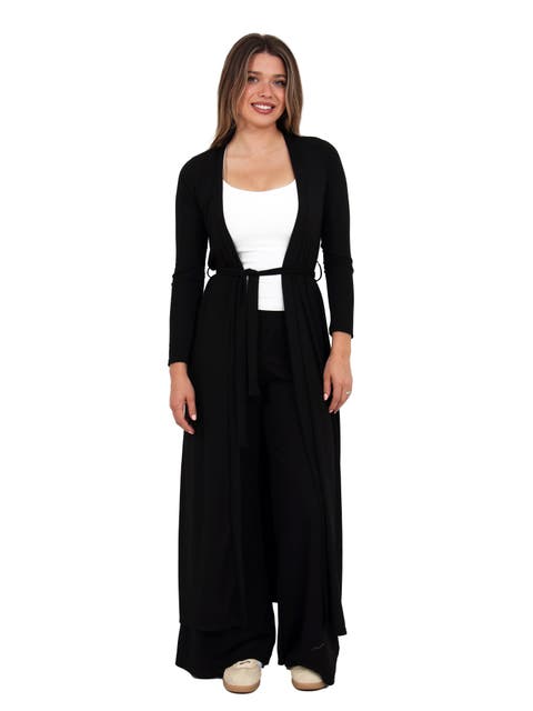 Womens Basic Long Sleeve Tie Waist Soft Jacket and Elastic Waist Wide Leg Pant Set