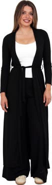 24seven Comfort Apparel Womens Basic Long Sleeve Tie Waist Soft Jacket and Elastic Waist Wide Leg Pant Set