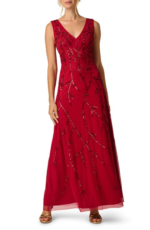 Sleeveless Beaded Floral Gown