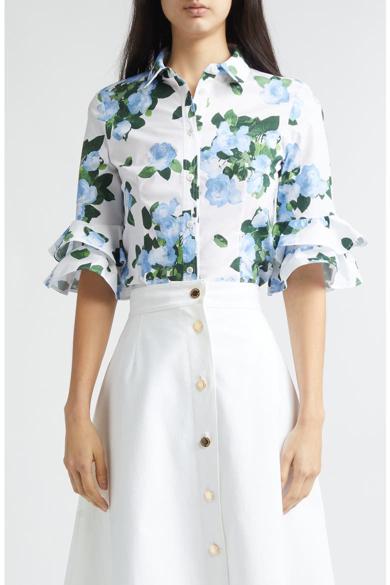 Rose Print Tiered Ruffle Cuff Button-Up Shirt, Main, color, WHITE MULTI