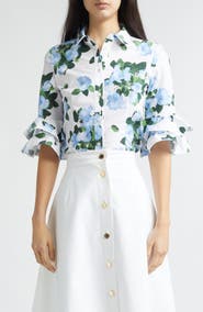 Carolina Herrera Rose Print Tiered Ruffle Cuff Button-Up Shirt