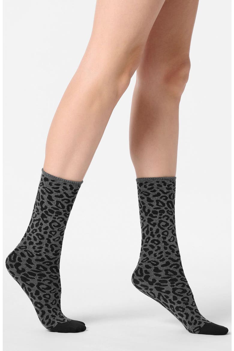 Leopard Crew Socks, Main, color, GREY MELANGE