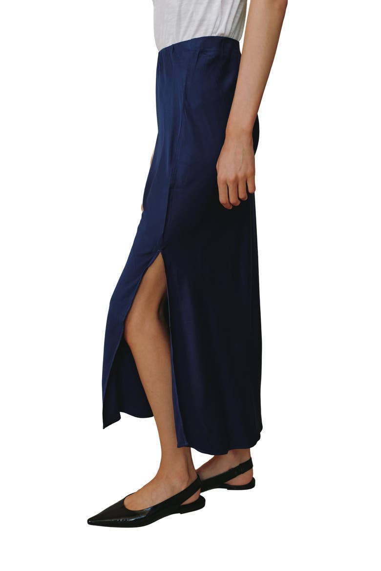 Side Slit Bias Satin Maxi Skirt, Alternate, color, ECLIPSE BLUE