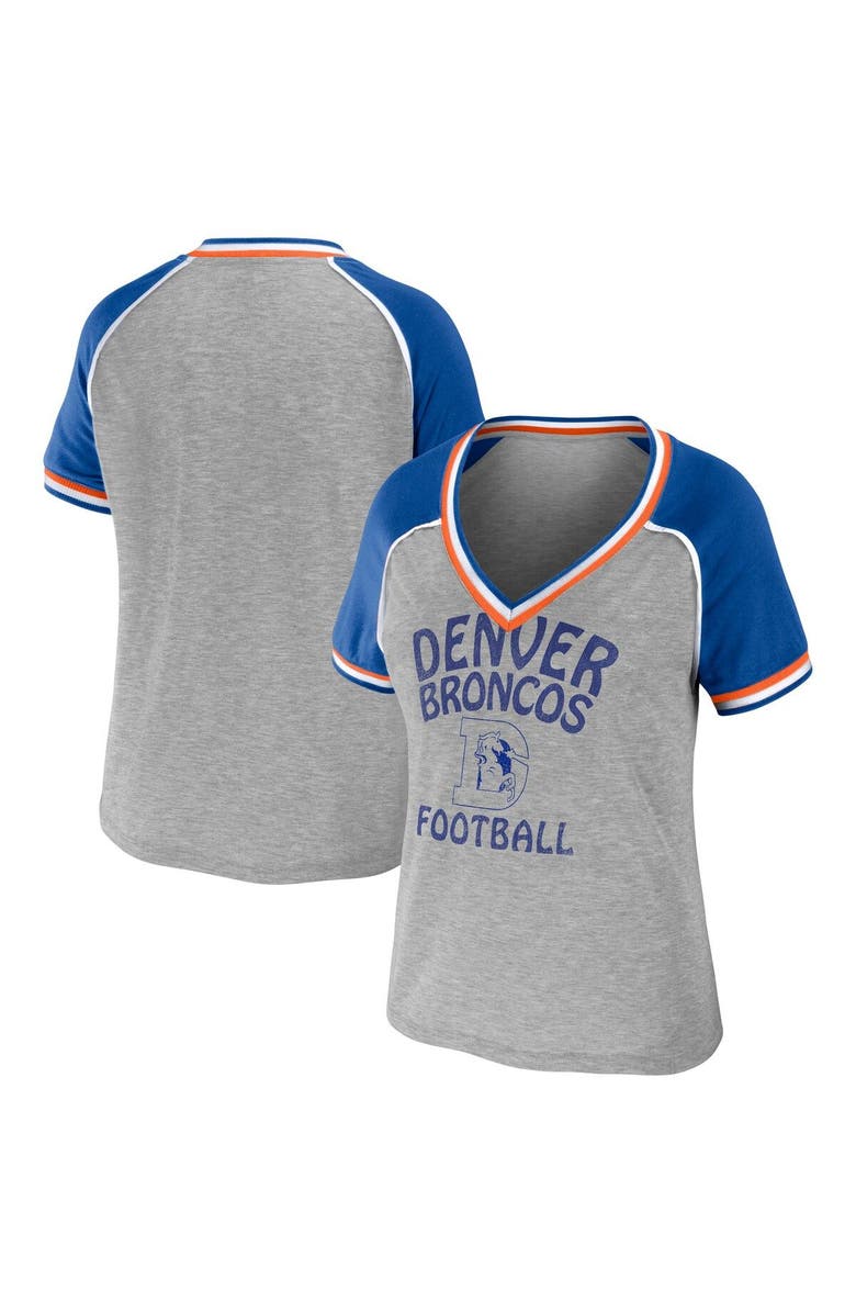WEAR by Erin Andrews Women's WEAR by Erin Andrews Heather Gray Denver Broncos Cropped Raglan Throwback V-Neck T-Shirt, Main, color, Heather Gray