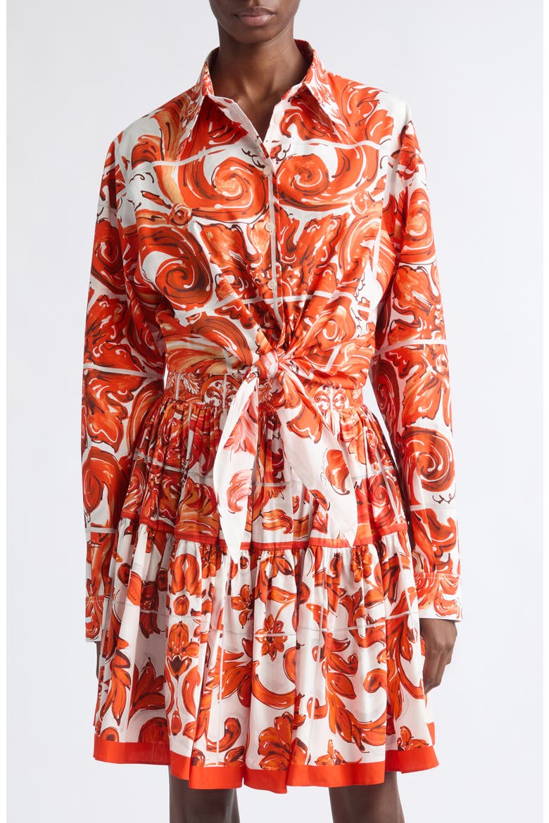 Majolica Print Tie Front Cotton Poplin Button-Up Shirt, Main, color, S9000 VARIANTE ABBINATA