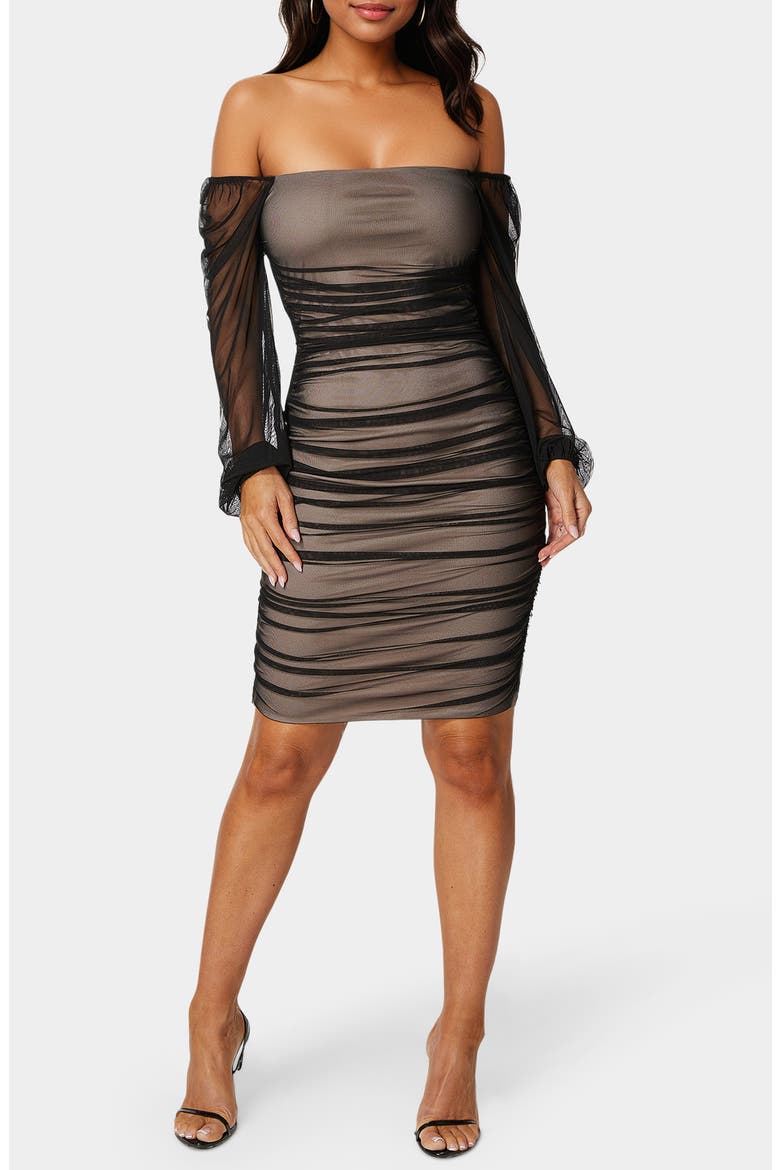 Ruched Off the Shoulder Long Sleeve Body-Con Dress, Main, color, BLACK/ NUDE