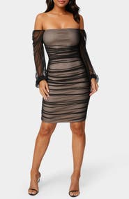 bebe Ruched Off the Shoulder Long Sleeve Body-Con Dress