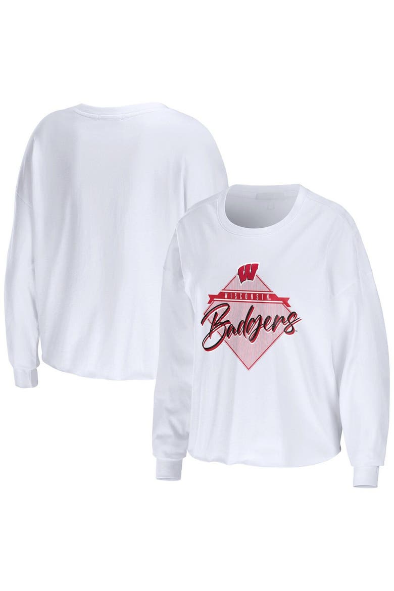 Women's WEAR by Erin Andrews White Wisconsin Badgers Diamond Long Sleeve Cropped T-Shirt, Main, color, White