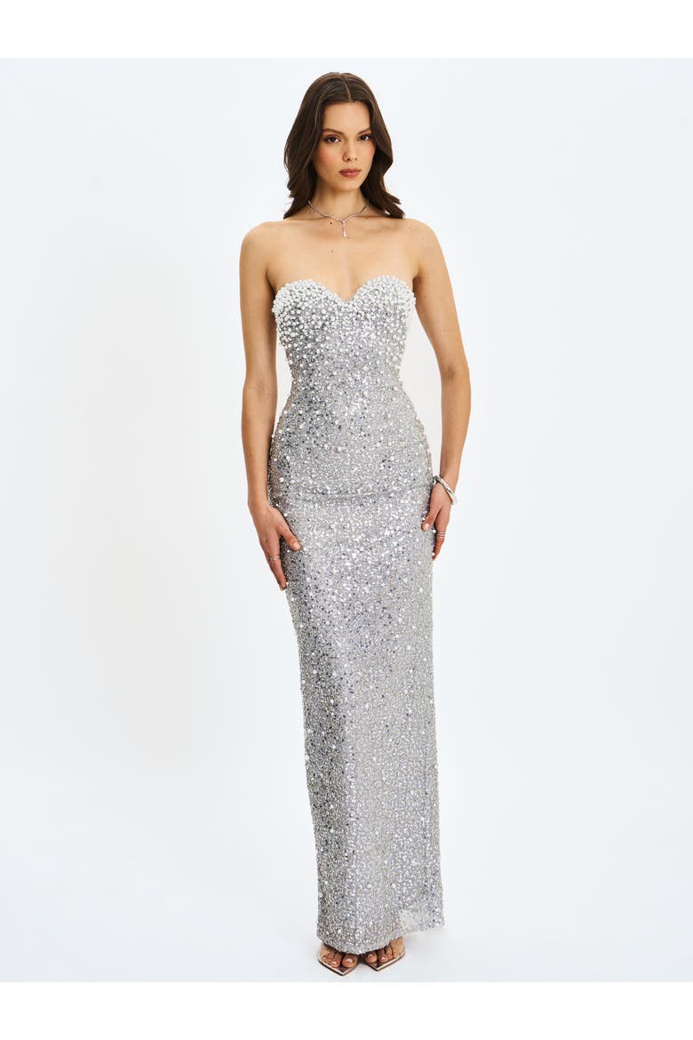 Noelle Sequin Pearl-Embellished Sweetheart Maxi Dress, Alternate, color, Silver