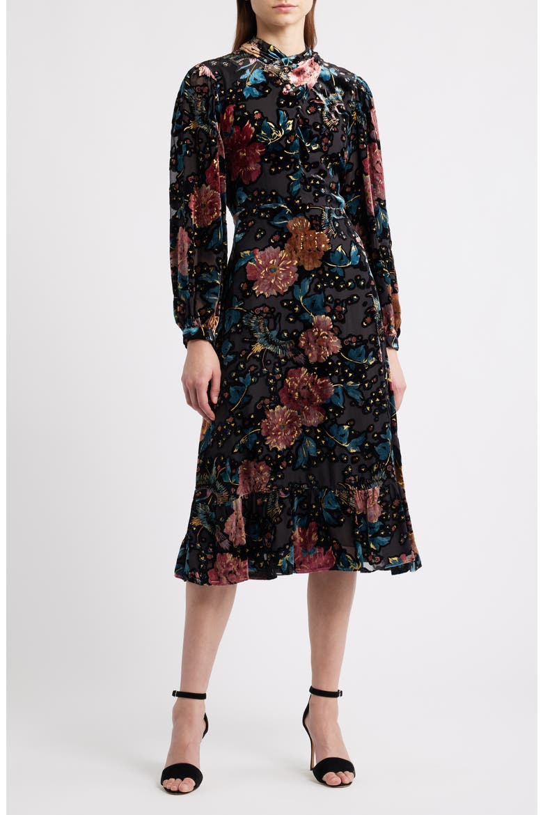 The Becca Long Sleeve Floral Velvet Burnout Midi Dress, Main, color, BLACK/ BIRDS OF PARADISE
