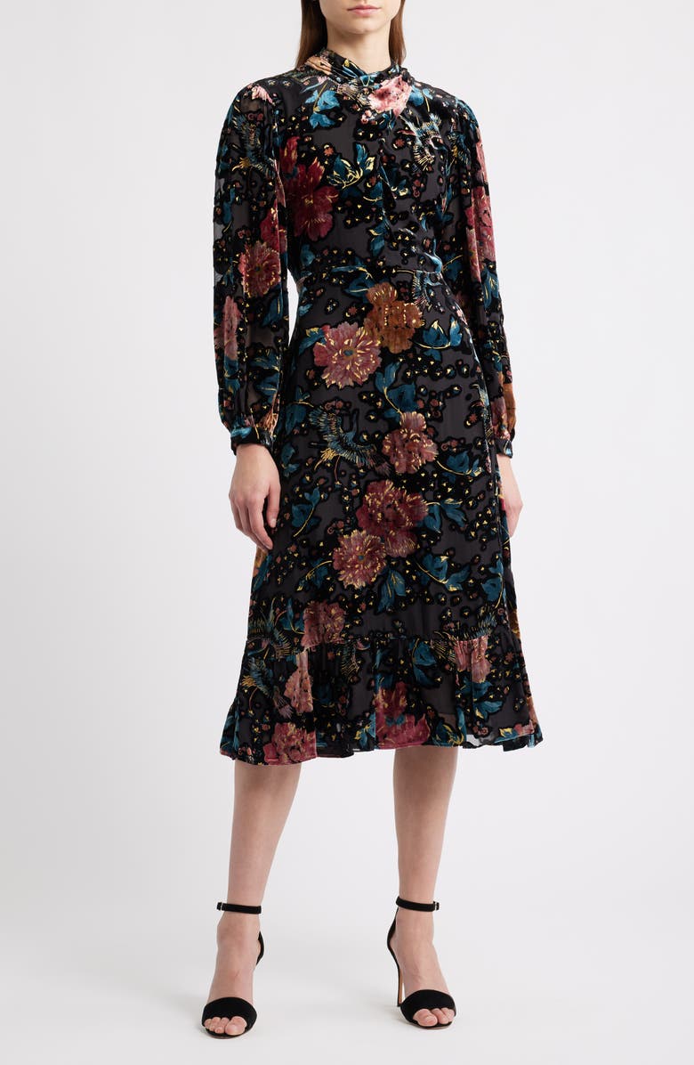 Elie Tahari The Becca Long Sleeve Floral Velvet Burnout Midi Dress, Main, color, Black/ Birds Of Paradise