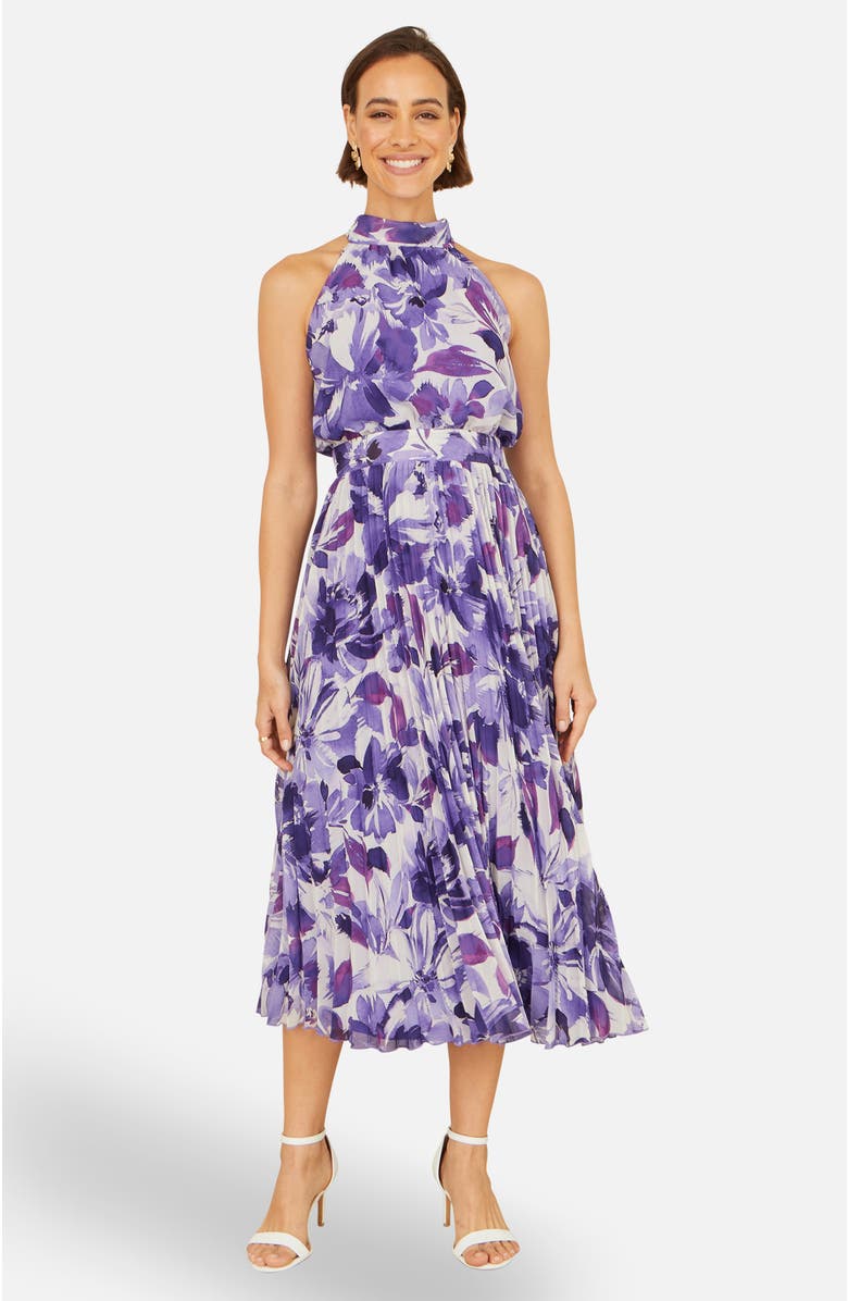 Yumi Floral Halter Neck Pleated Midi Dress, Alternate, color, Purple