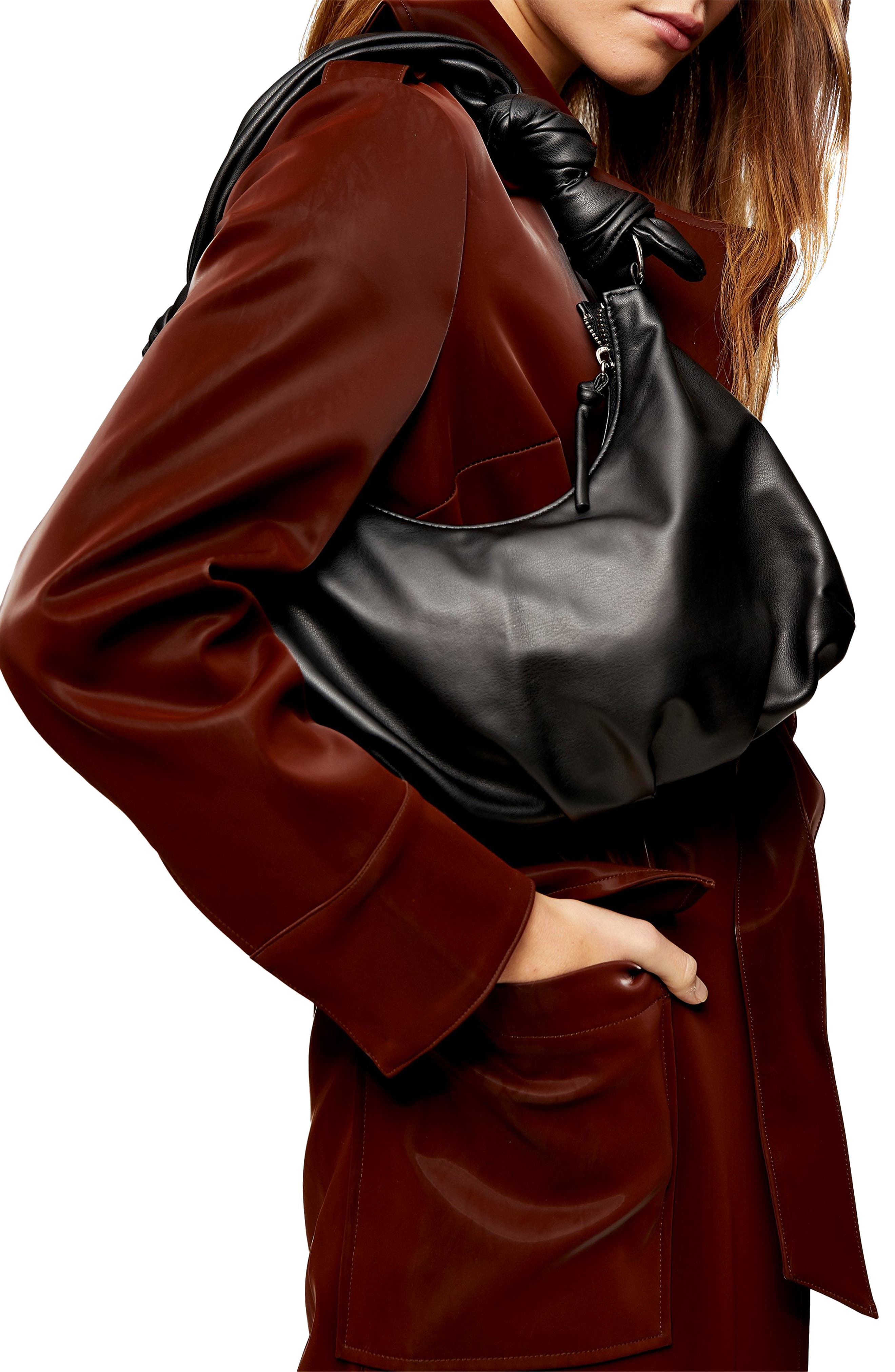 Topshop Knotted Half Moon Faux Leather Shoulder Bag, Alternate, color, 