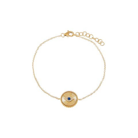Diamond Pave & Sapphire Blue Evil Eye Ridged Disc Bracelet 14K