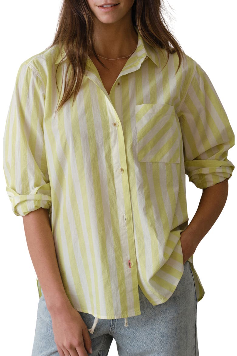 Jane California Relaxed Stripe Cotton Poplin Button-Up Shirt, Main, color, LIME STRIPE