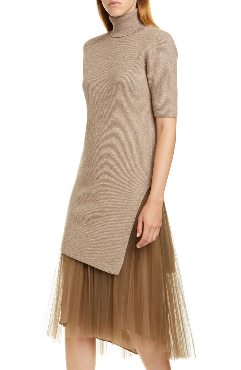 Brunello Cucinelli Tulle Hem Cashmere Blend Sweater Dress, Alternate, color,