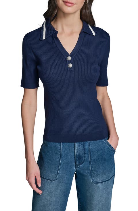 Crochet Collar Rib Polo Sweater