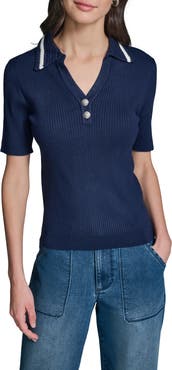 KARL LAGERFELD PARIS Crochet Collar Rib Polo Sweater