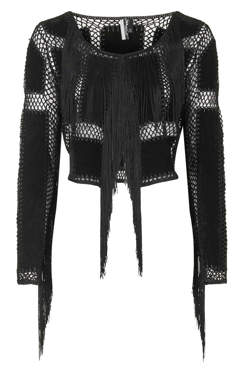 Topshop Fringe Openwork Faux Suede Top, Alternate, color, 