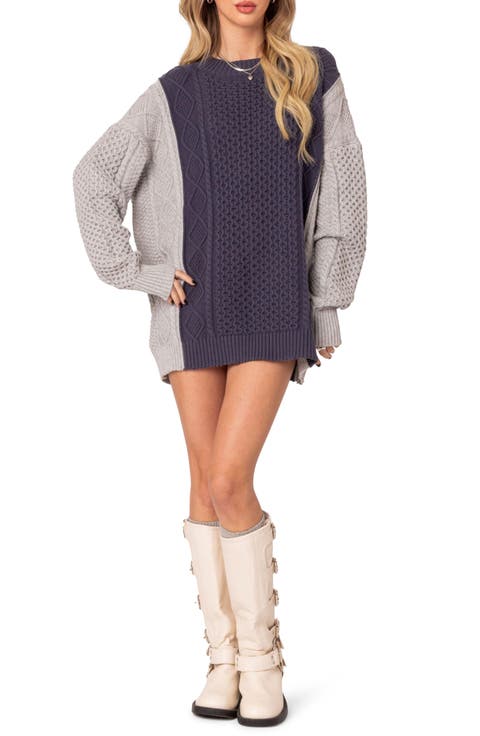 Two-Tone Cable Stitch Long Sleeve Mini Sweater Dress